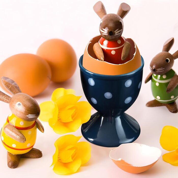 Керамічні чашки для яєць Cinf у горошок, великодній подарунковий набір із 4 порцелянових підставок для сніданку, міцні, легко миються, багаторазові, великодній подарунок (синя крапка)