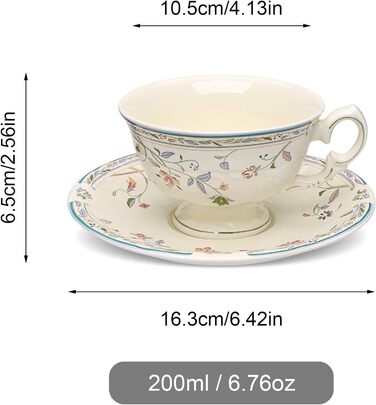 Набір чашок та блюдець Fanquare з вінтажним квітковим візерунком, кістяний фарфор, для еспресо, капучино та кави, з блюдцем та ложкою, подарунок для вечірки (синій)