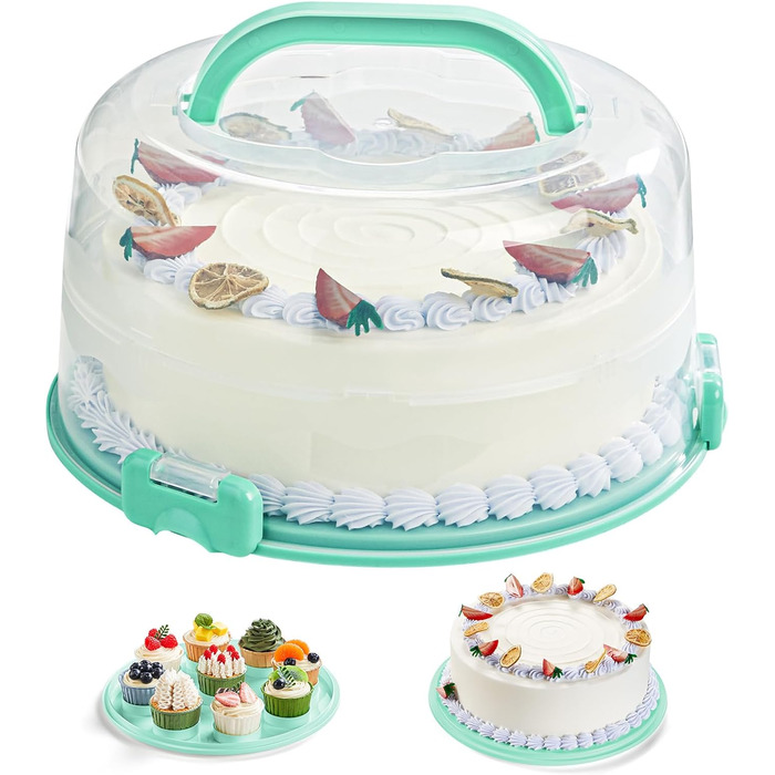 Контейнер для торта 27 см з кришкою та ручкою, зелений Lifewit