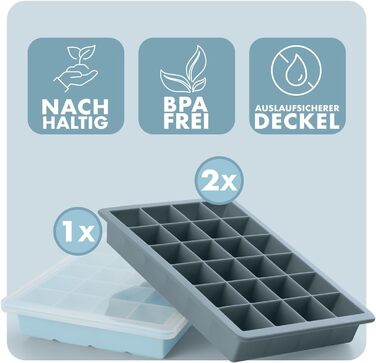Силіконові формочки для льоду Blumtal, набір з 3 шт. - форма для льоду на 24 кубики з кришкою - силіконова форма для льоду без бісфенолу А - безпечна для харчових продуктів - форма для льоду - сіро-блакитний сіро-блакитний світло-блакитний сіро-блакитний 