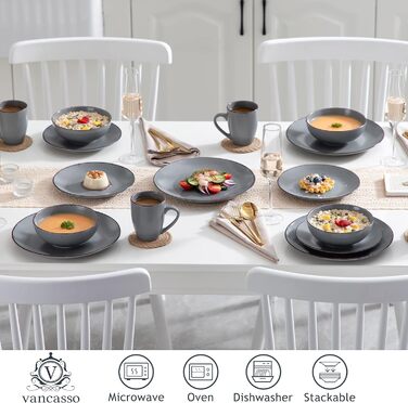 Столовый сервиз из керамогранита, набор посуды vancasso MODA, винтажный вид, комбинированный сервиз из 40 предметов с 8 тарелками, тарелками для тортов, суповыми тарелками, мисками и чашками каждая (серый, сервиз на 32 предмета)