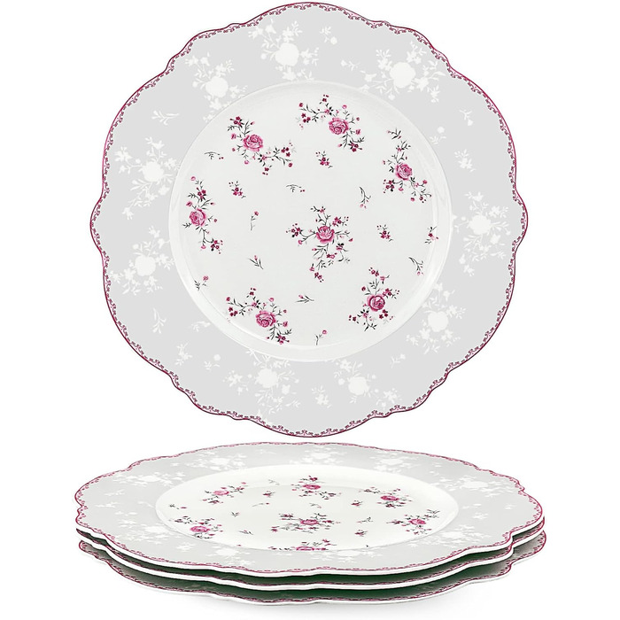 Тарілки для обіду Fanquare з білого порцеляни, набір з 4 шт. , Ø 275 мм, плоскі тарілки, Royal Vintage, рожевий квітковий набір посуду для кейтерингу та домашнього використання, обідні тарілки 10,8 дюйма