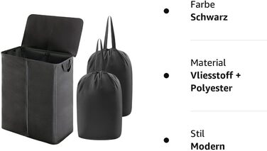 Корзина для белья Lifewit с крышкой 2 отделения, сборник для белья с 2 семными мешками для белья, складные корзины для белья Корзины для белья Ящик для белья Тканевые корзины для белья для спальни в ванной комнате, (160 л, черный)