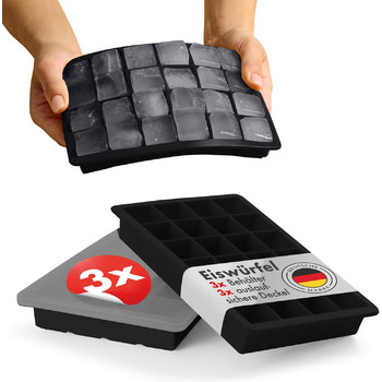 Силиконовые формочки для льда на 24 кубика L с крышкой, набор 3 предмета, черный Blumtal