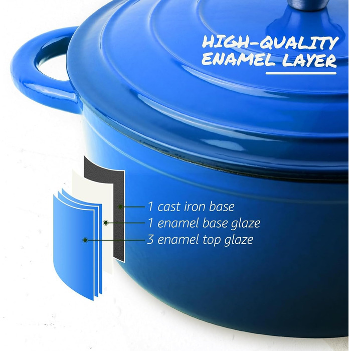 Чавунна форма для запікання Overmont Enamel - 26 см, придатна для використання в духовці, з кришкою та кулінарною книгою - для випікання, тушкування, запікання, білого кремового кольору (26 см-5,2 л, синього кольору)