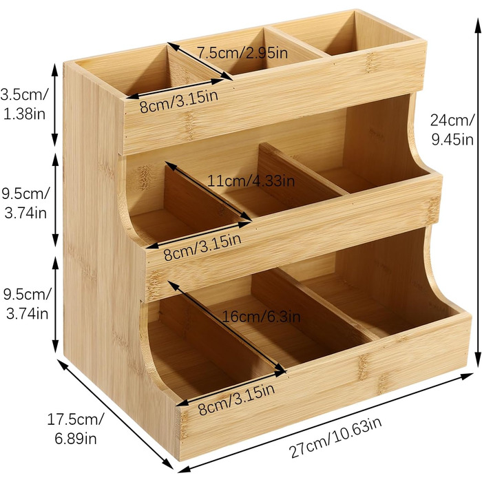 Тримач для чайних пакетиків з бамбука Qussse, 9 відділень, 3 рівні, органайзер для зберігання чайних пакетиків для дому, офісу, кафе, чайних будиночків