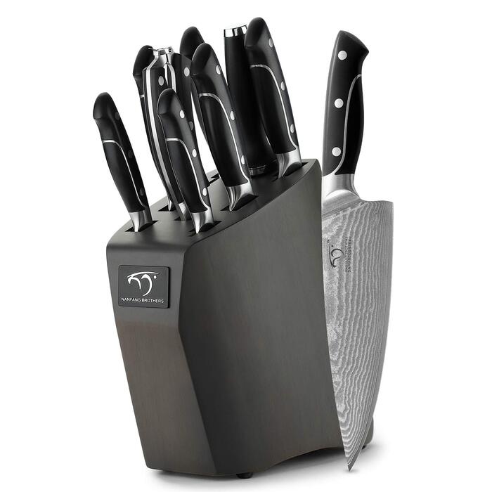 Набір кухонних ножів Damast 9er з блоком для ножів з бука, професійні кухарські ножі, набір кухонних ножів VG10 з гострими лезами (дуб)