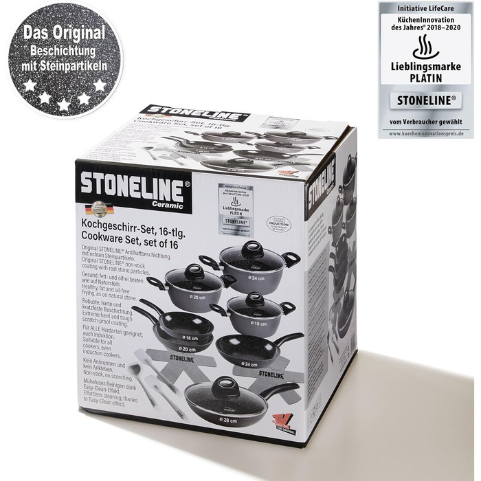 Набір керамічних горщиків STONELINE з 6 предметів, 18/20/24 см, з кришкою, антипригарний, без PFAS, для індукційних плит усіх типів з керамічним покриттям та справжніми кам&39яними частинками, набір посуду (сірий, 16 предметів)