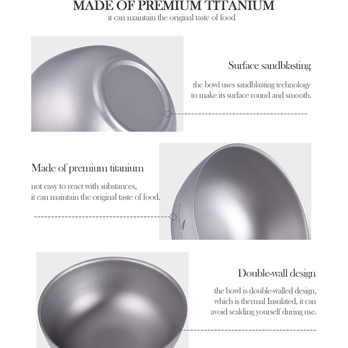 Безмежна миска Voyage Titanium з подвійними стінками для дорослих Діти Відкритий кемпінговий посуд Відкрита миска Титанова миска для рису (250 мл)