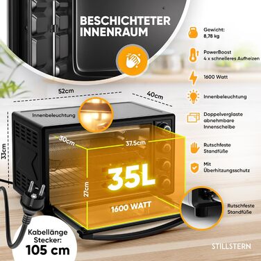 Міні-піч Stillstern з конвекцією 35 л (версія для Німеччини) Піца Ø28, антипригарне покриття CYCLONE PRO, розморожування, таймер 2 години, кемпінгова міні-піч конвекційна піч для піци міні-піч невеликий гриль для курки з вертелом