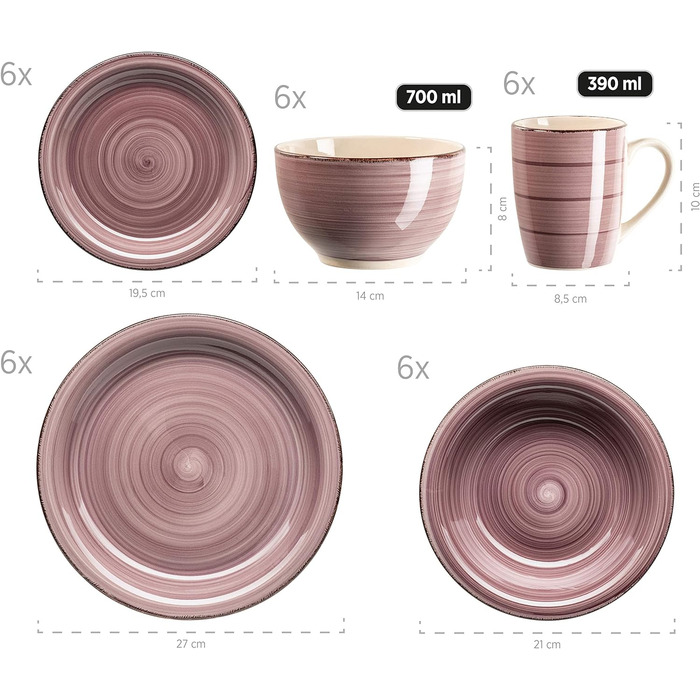 Набор посуды на 6 персон, 30 предметов, розовый Bel Tempo II MÄSER