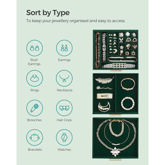 Скринька органайзер для ювелірних виробів 3-рівнева темно-зелений SONGMICS