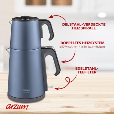 Електричний турецький чайник, 2200 Вт, чайник 3,5 л, скляний чайник 1,2 л, нержавіюча сталь, інтелектуальний контроль температури, захист від кипіння (39 см x 25 см x 20 см, колір Ocean Blue)