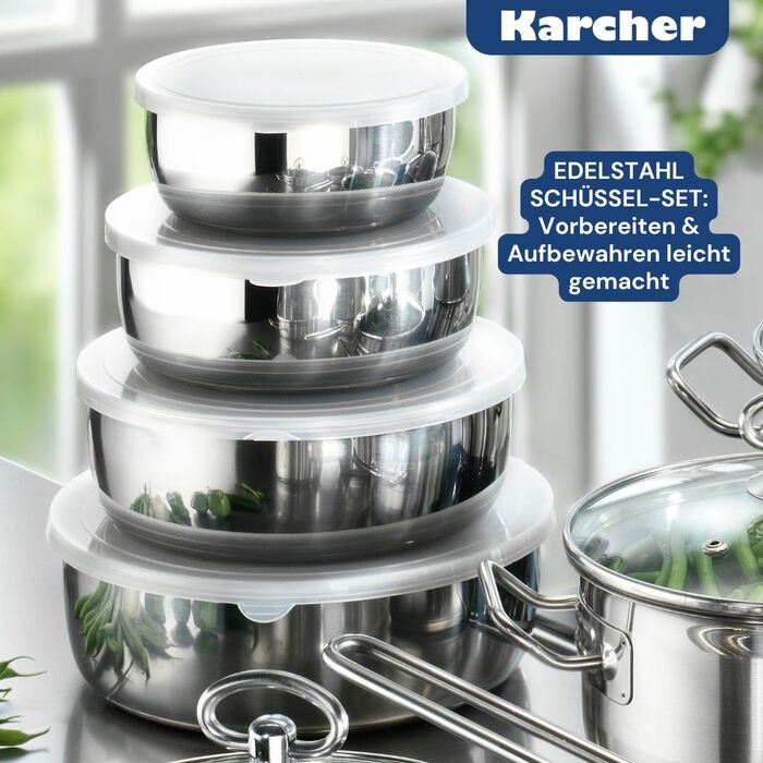 Набір посуду Karcher Jasmin, 20 предметів Набір посуду з нержавіючої сталі для індукції, включаючи скляні кришки Каструлі та сковорідки, придатні для миття в посудомийній машині та духовці Посуд для всіх типів плит з чашами з нержавіючої сталі