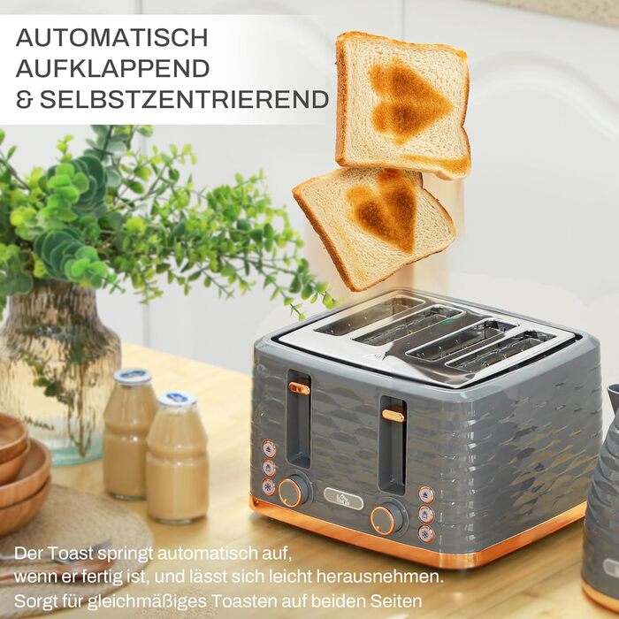 Набір для сніданку HOMCOM Kettle Toaster Set з чайником 1,7 л, тостером на 4 скибочки, 2200 Вт, 7 рівнів підсмажування, розморожуванням, розігріванням та піддоном для крихт, термостатом Otter, кремово-білим (сірим)