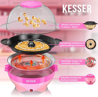 Велика машина для попкорну KESSER 800 Вт Машина для попкорну об&39ємом 5,5 л з кришкою з антипригарним покриттям та сервірувальною мискою для олії, вершкового масла, цукру, тиха та швидка, в комплекті мірна чашка та чашка для попкорну, знімна нагрівальна 