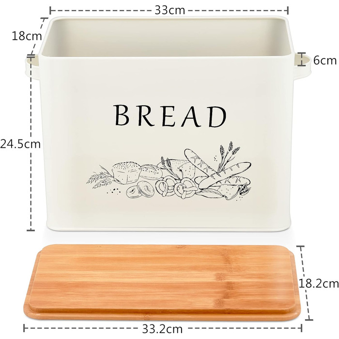 Хлебница Herogo, металлическая хлебница с деревянной крышкой для нарезки хлебной доски, очень большой хлебодержатель для больших буханок хлеба, компактное хранилище для хлеба для кухонной столешницы, крем 33 x 18 x 24,5 см