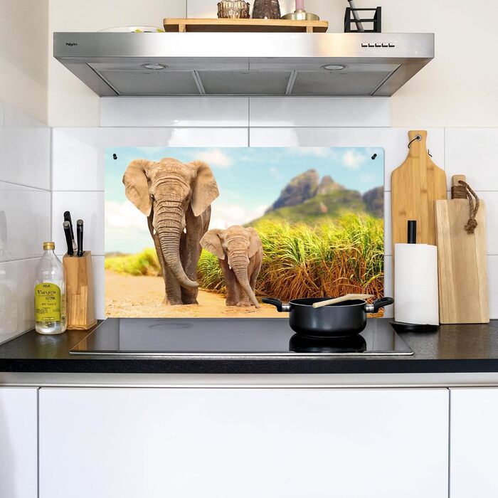 Фартух для плити, кухонний фартух, вініл, 78x52 см, декор для кухні, облицювання стіни, кришка для плити - сіро-чорна (слони - тварини, 52Д x 90Ш см)