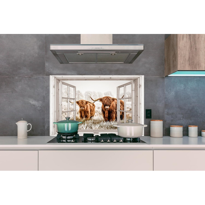 Панель кухонного фартуха, бризкозахисна панель, декор для кухні, алюмінієва панель, бризкозахисна панель для плити, альтернатива скляній панелі, чорна - з малюнком - суцільна - чорна - темна - (вид з вікна на шотландську високогірну худобу, 100x65 см)