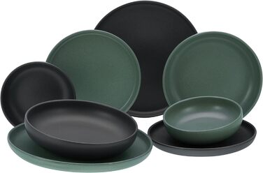 Набір посуду Uno серії 16 предметів, комбінований набір з керамограніту (чорний зелений, столовий сервіз 8 предметів), 22978
