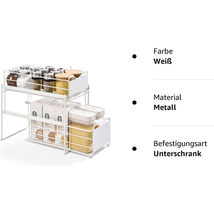 Рівневий органайзер для кухонних шаф, нижня полиця шафи, органайзер для зберігання ящиків, полиця для шухляд, полиця під раковиною для кухні, ванної кімнати, офісу, шафи (білий), 2-