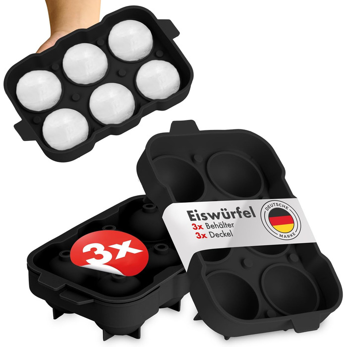 Силиконовые формочки для льда на 6 шариков XXL с крышкой, набор 3 предмета, черный Blumtal