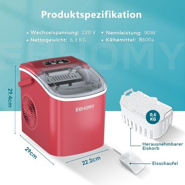Маленький льодогенератор EUHOMY, 9 кубиків льоду за 6 хвилин, 12 кг/24 год, льодогенератор з нержавіючої сталі з портативною ручкою, самоочисний компактний льодогенератор для дому/кухні/офісу/бару (1,2 л, червоний - 12 кг)