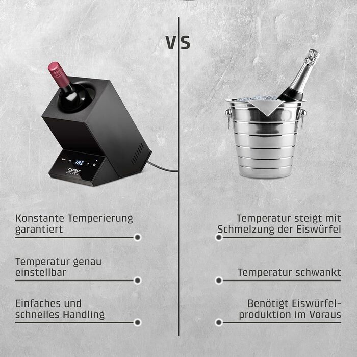 Охолоджувач для вина, розрахований на одну пляшку, з температурним режимом 5-18C, для пляшок діаметром до 9 см, сенсорне керування, корпус з нержавіючої сталі чорного кольору.
