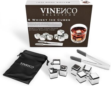 Набор камней для виски - 8 многоразовых кубиков льда, щипцы, тканевый мешок,  VINENCO