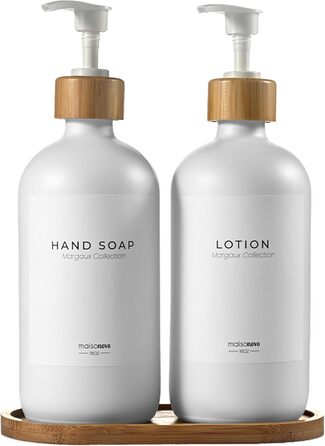 Диспенсер для мила 500 мл, набір 2 предмети на бамбуковій підставці, біле скло MaisoNovo