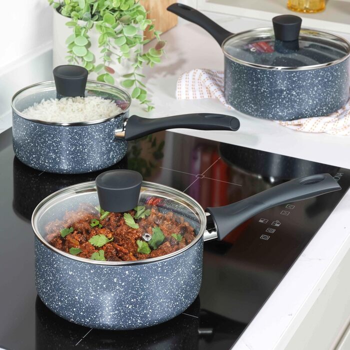 Каструля Russell Hobbs RH00845EU з антипригарним покриттям - 18 см/2 л з кришкою із загартованого скла, індукційна каструля, каструля для овочів/супу з бакелітовою ручкою та термостійким зовнішнім покриттям, камінь Nightfall (каструля 16 см)