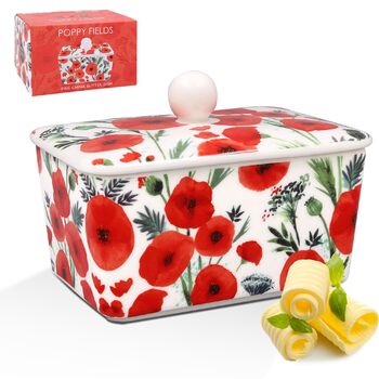 Маслянка з кришкою, китайська кераміка, з гарними акварельними мотивами, дизайн від Jennifer Rose Gallery для Busy Bees (червона/біла)