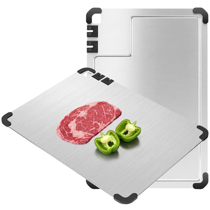 Разделочная доска из нержавеющей стали 38 x 28 см с точилкой для ножей и силиконовыми уголками Bafeil