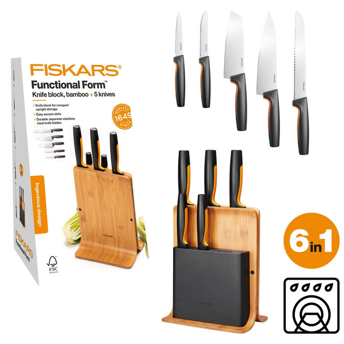 Набор ножей Fiskars Functional Form с бамбуковой подставкой 5 шт (1057552)