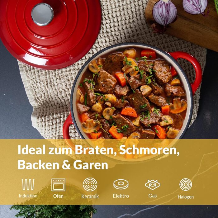 Чавунна жаровня 3,5 л з кришкою 24 см, червона Chefarone