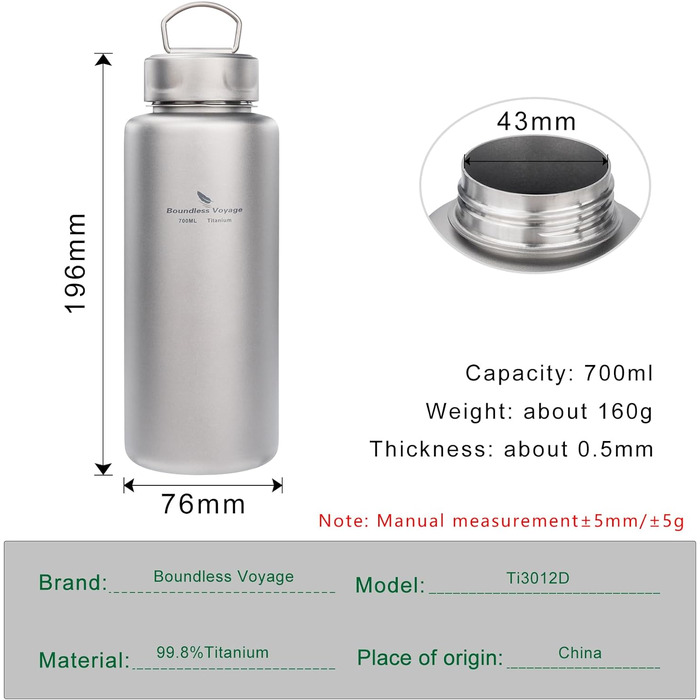 Безмежна титанова пляшка Voyage, 1 л, одношарова спортивна пляшка для води, 750 мл, чашка, надлегка, герметична, посуд для напоїв для активного відпочинку, кемпінгу, походів (пляшка 1 л/ручний горщик 750 мл) (лише 700 мл)