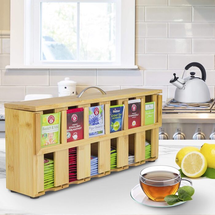 Дерев'яна чайна коробка ONVAYA Чайна коробка з 6 відділеннями Коробка для чайних пакетиків приблизно на 200 Коробка для зберігання чаю Диспенсер для бамбукових чайних пакетиків Органайзер для чайних пакетиків