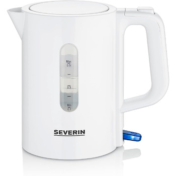 Набір дорожніх чайників SEVERIN, міні-дорожній чайник на 0,5 л, електричний чайник з 2 пластиковими чашками та 2 ложками, матова нержавіюча сталь/чорний, WK 3647 (білий)