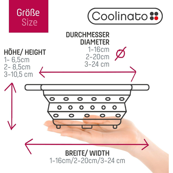 Складаний силіконовий друшляк Сітчасте силіконове сито для пасти, овочів та фруктів Можна мити в посудомийній машині, не містить бісфенолу А та термостійке до 230C Компактний складний друшляк для зливу води (червоний, 16, 20 та 24 см)