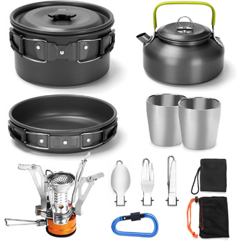 Набор посуды для кемпинга Odoland на 1-2 персоны, с портативным алюминиевым чайником, чайником, чашками, складными столовыми приборами, посудой для кемпинга, пикником на открытом воздухе, походами (набор для приготовления пищи для кемпинга (с мини-газовой