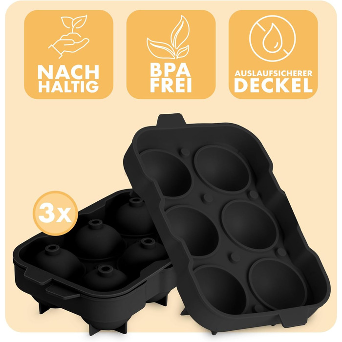 Силіконові формочки для льоду Blumtal, набір з 3 шт. - форма для льоду на 24 кубики з кришкою - силіконова форма для льоду без бісфенолу А - форма для льоду, безпечна для харчових продуктів - сіро-блакитна великі кубики (чорна, сфера XXL)