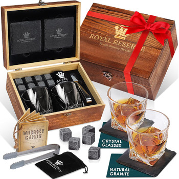 Подарочный набор для виски, бокалы для виски, камни, щипцы для льда, подставки, деревянный сундук, бархатный мешочек,  Royal Reserve