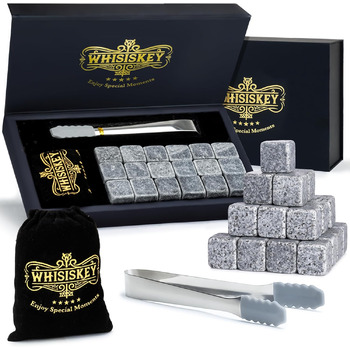 Подарочный набор 18 камней для виски с бархатным мешочком и щипцами Whisiskey
