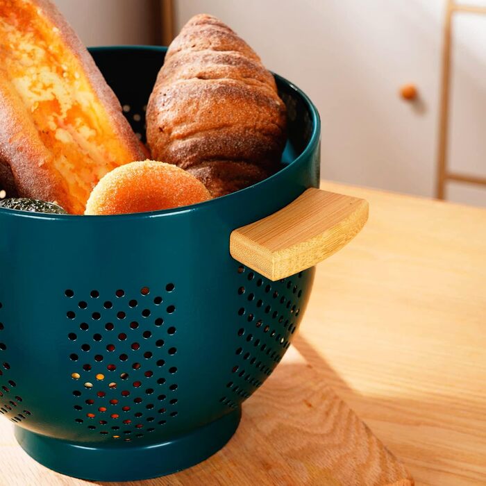 Металеве сито для пасти з дерев&39яною ручкою та стабільною основою, велике кухонне сито 22 см для пасти, овочів та фруктів, міцне кухонне сито (темно-зелене)