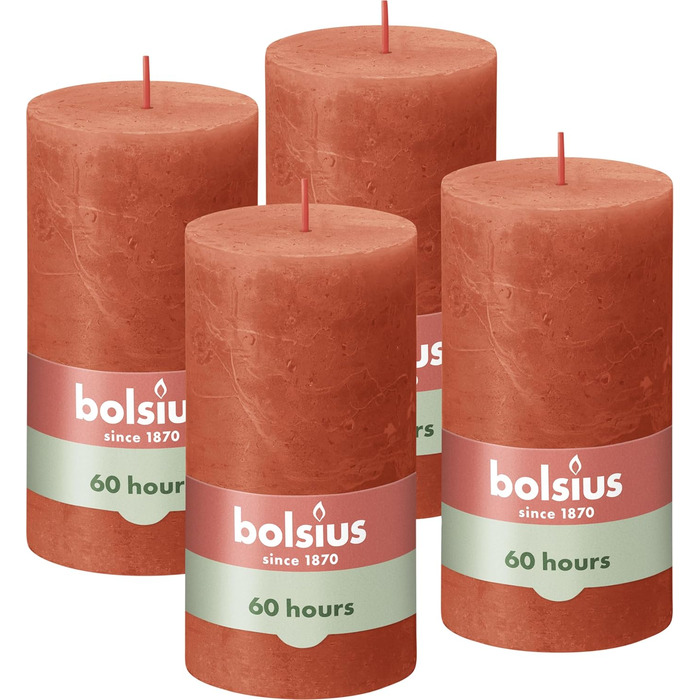 Свічки Bolsius Rustic Pillar - Оливково-зелені - Набір з 4 шт. - Декоративні побутові свічки - Час горіння 60 годин - Без запаху - Натуральний рослинний віск - Без пальмової олії - Оливково-зелені (13 x 7 см, помаранчеві)