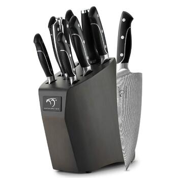 Набір кухонних ножів Damast 9er з блоком для ножів з бука, професійні кухарські ножі, набір кухонних ножів VG10 з гострими лезами (дуб)