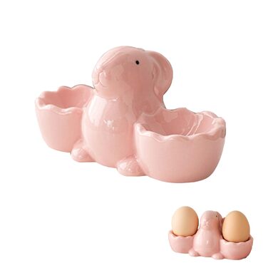 Набір із 2 порцелянових стаканчиків для яєць на Великдень, керамічні стаканчики для яєць у формі кролика, кумедні тарілки у формі пасхальних яєць у формі зайчика, можна мити в посудомийній машині, підставка для варених яєць, великодні подарунки (B рожевий