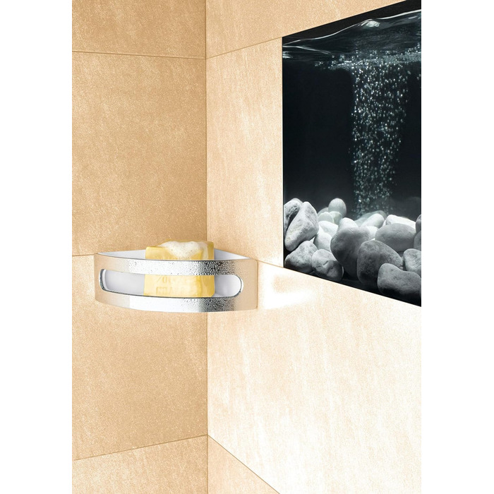 Кутовий душовий кошик Keuco з глянцевого хромованого металу і білого пластику, знімний, не б'ється, 18х18х7см, настінний в душовій кабіні, Elegance