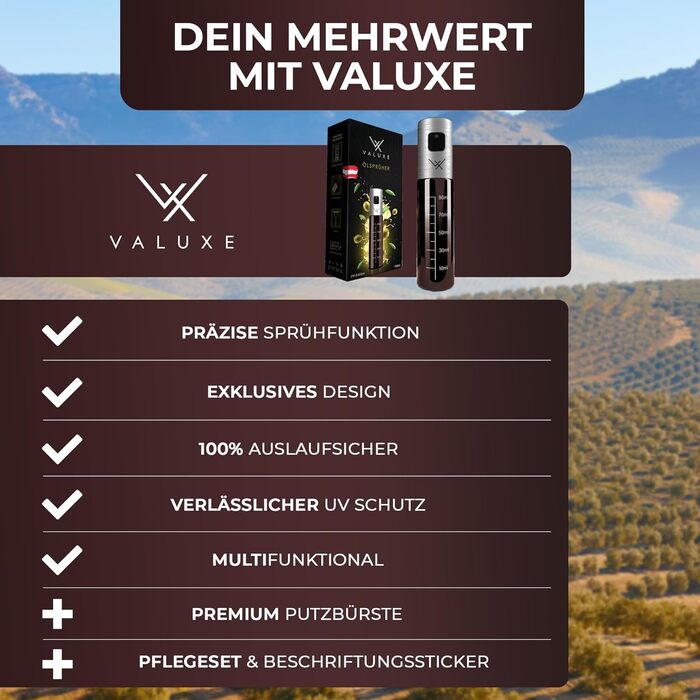 Масляний розпилювач VALUXE для кулінарної олії та оцту зі склом для захисту від ультрафіолету та розпилювальним фільтром - Пляшка з розпилювачем олії з нержавіючої сталі - Точний розпилювач оливкової олії, масляний розпилювач, масляний розпилювач (матова
