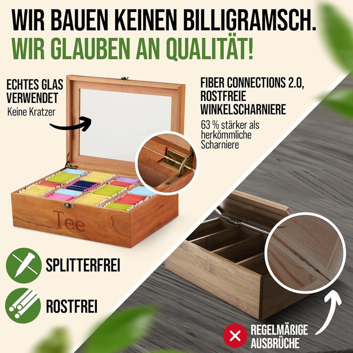Чайна скринька преміум-класу NATURSCHMIED з вишневого дерева з 20 гнучкими відділеннями та оглядовим віконцем, (22,5x310 см) - посилені петлі міцна застібка - Елегантне сховище для чаю для справжніх любителів чаю, благородне вишневе дерево